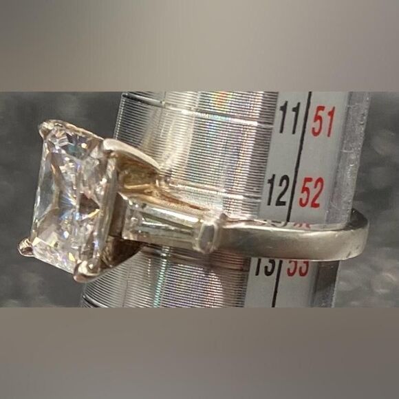 Sterling Silver 925 Radiant Cut Stone Engagement Ring Baguette Sides Size 6.25 - Picture 3 of 5